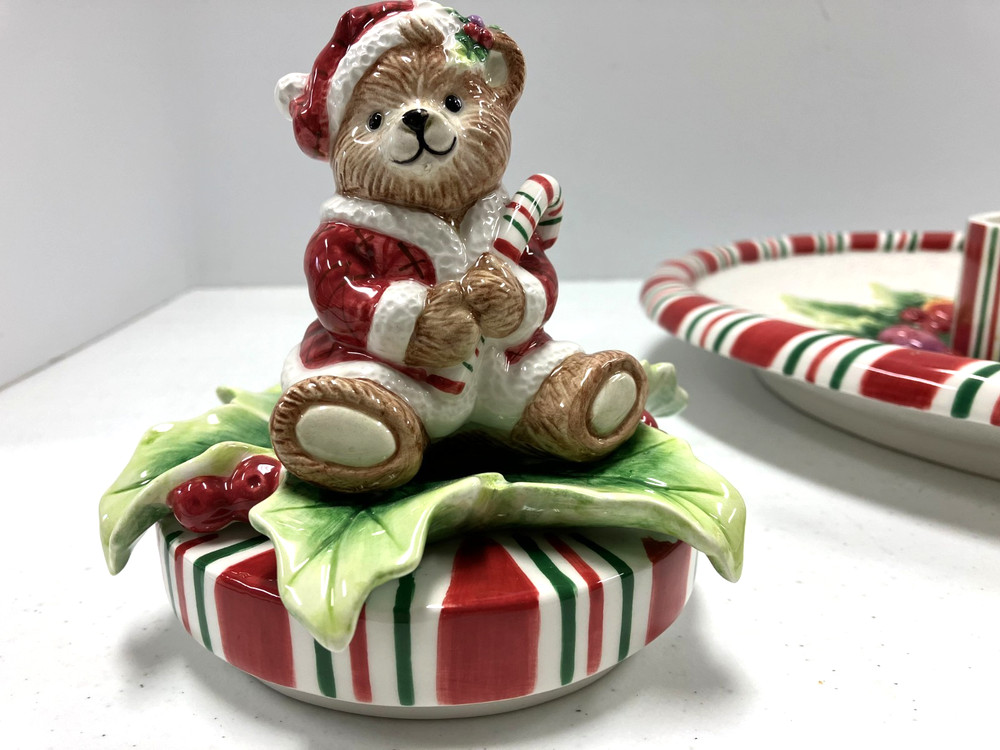 Fitz & Floyd PEPPERMINT TEDDY BEAR Christmas Chip n' Dip Serving Platter 30