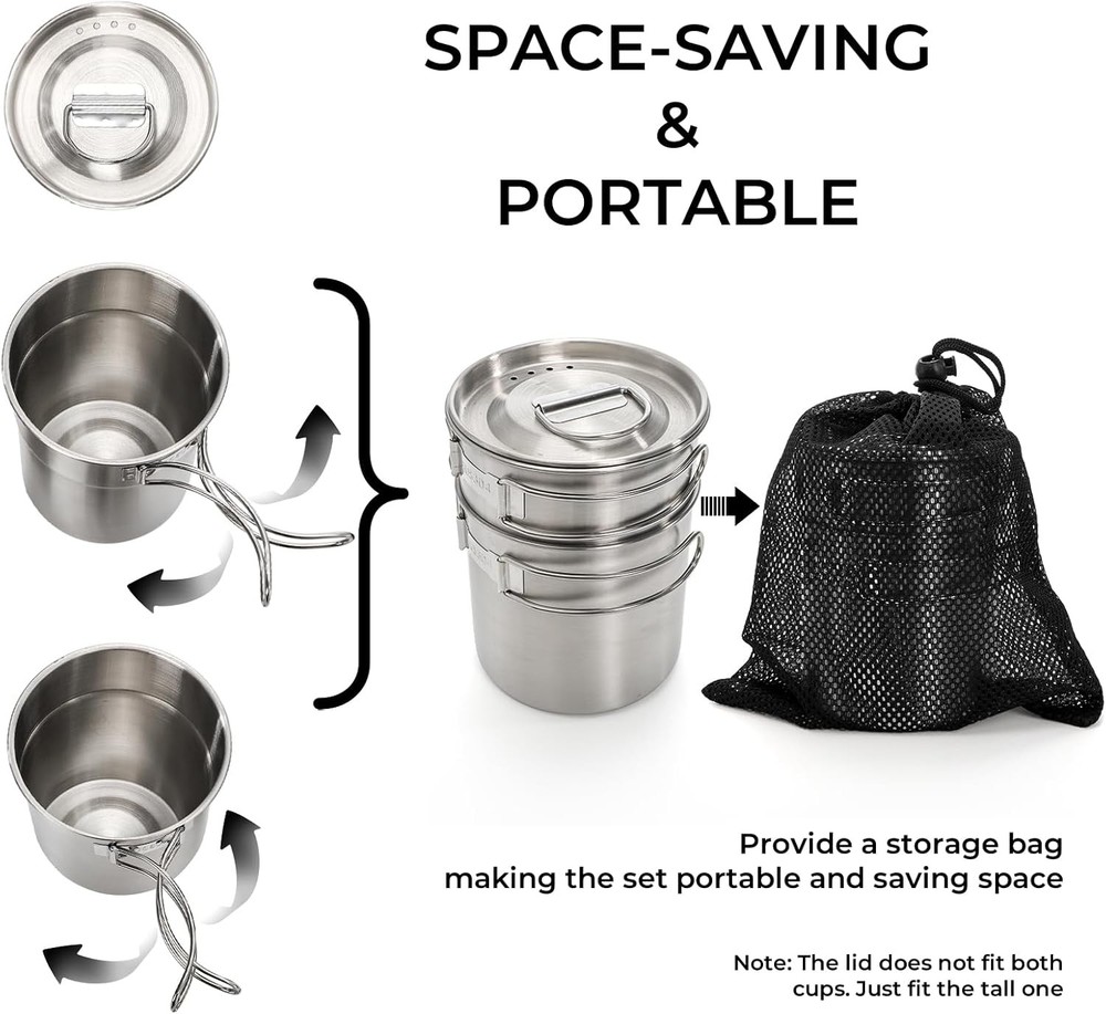 2 Pieces Stainless Steel Camping Cups, Stackable Camping Mugs with Storage Bag,