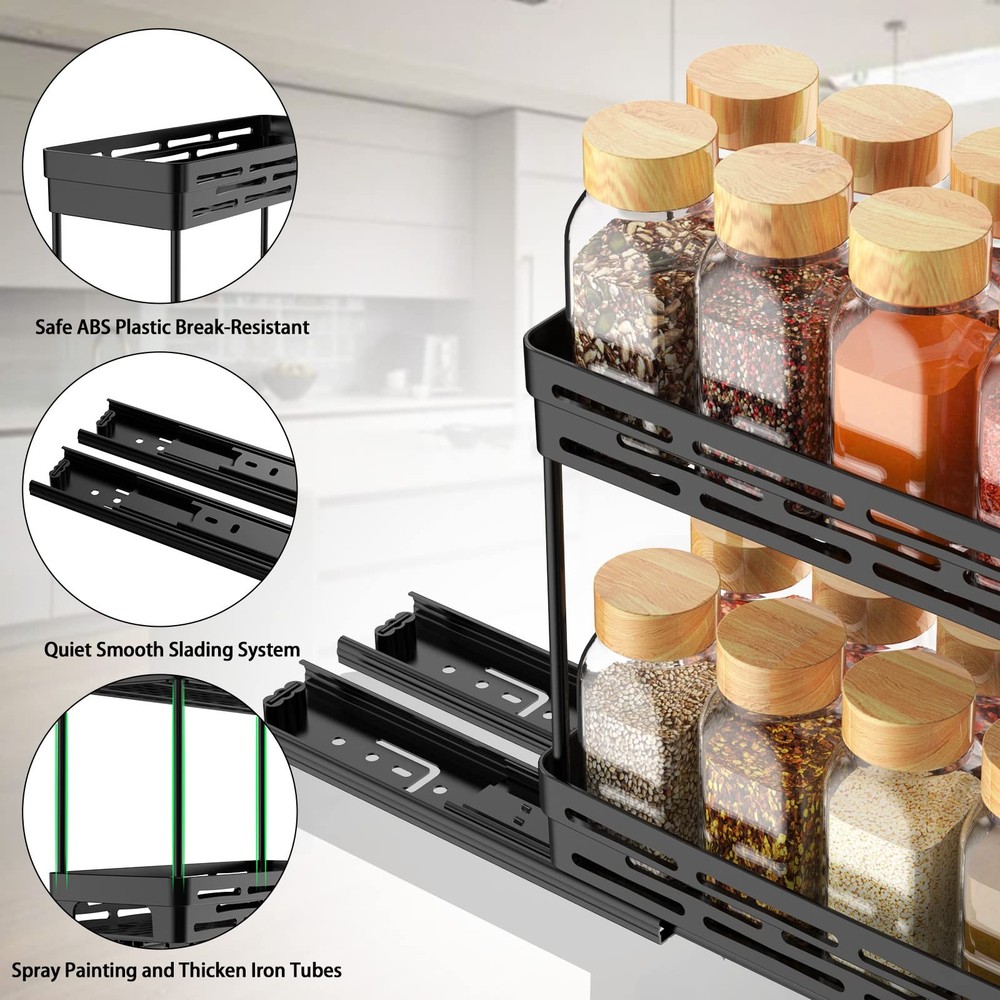 Pull Out Spice Rack Organizer for Cabinet, 3 Packs Slide 3 Pack, Black