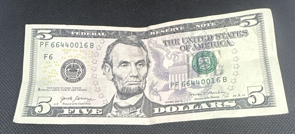2017A Federal Reserve Note Over Inking ERROR $5 Five Dollar Bill