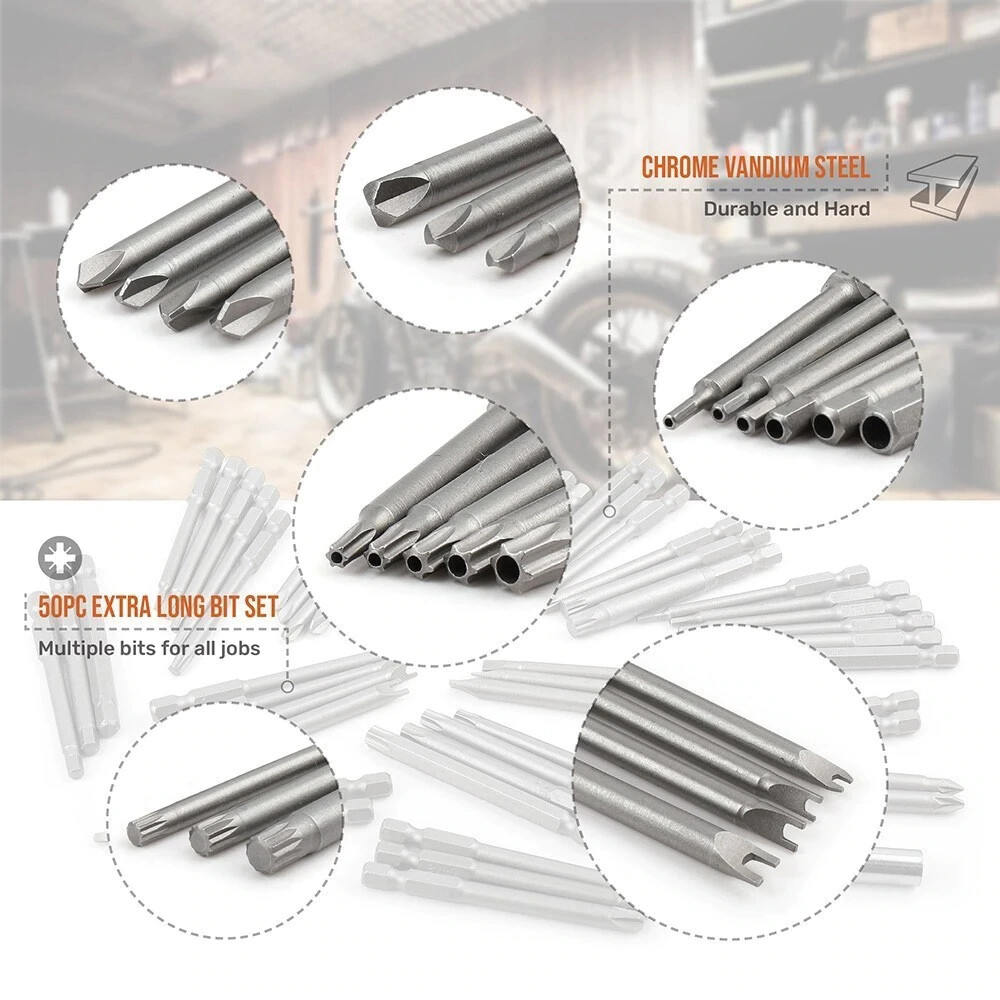 50Pcs Extra Long Security Bits Hex Torx Star Spline Flat Screwdriver Bit Box Set