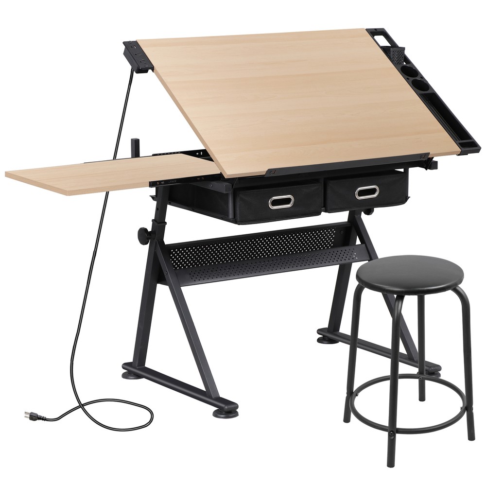 Drafting Drawing Table Tabletop Adjustable Height with Charge Outlet Natural