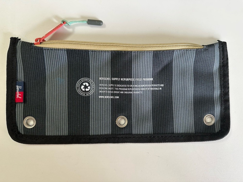 HERSCHEL Black Stripe Pencil Pen Case Repur Repurpose Pouch Backpack Accessory