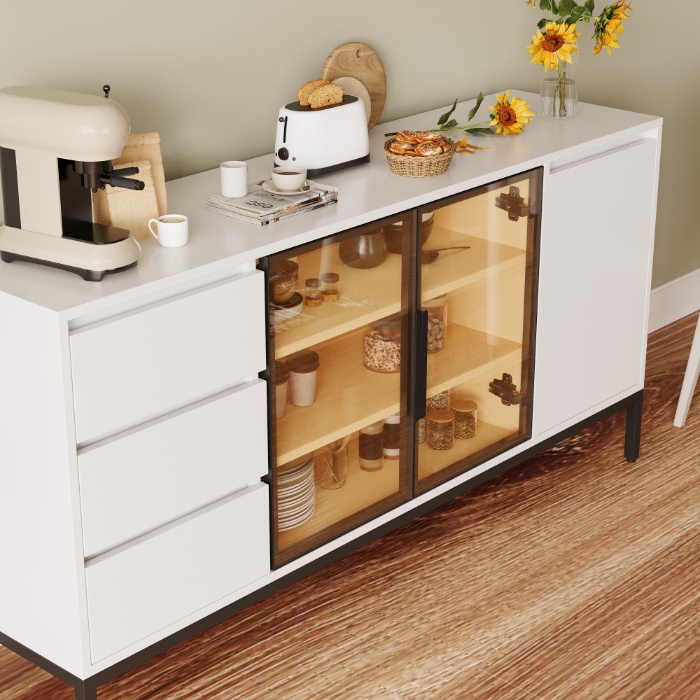 White Buffet Cabinet - Storage, Doors + 3 Drawers, Pantry/Console for Kitchen