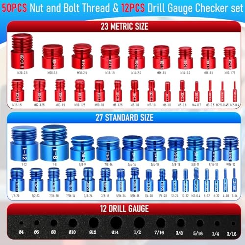 62 Pcs (50+12pcs) Thread Checker & Drill Checker, Nut and Bolt Threads