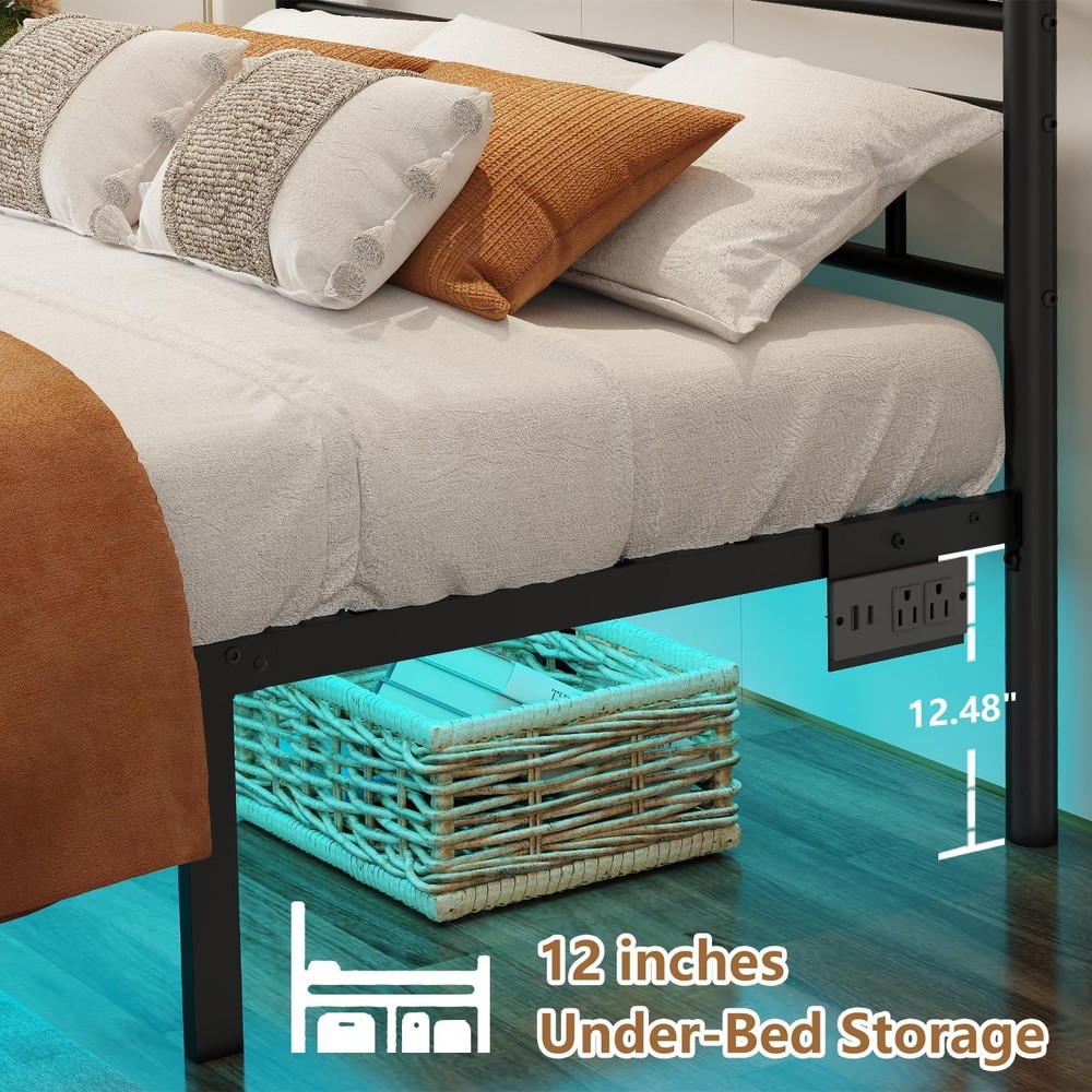 Twin Size Bed Frames with Charging Station,Black Metal Platform Bed Frame wit...