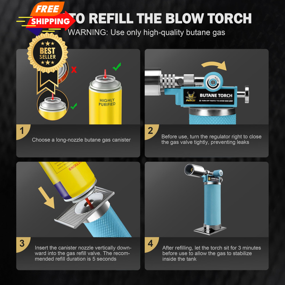 RAVS Butane Torch Lighter, Refillable Kitchen with Glacier Blue