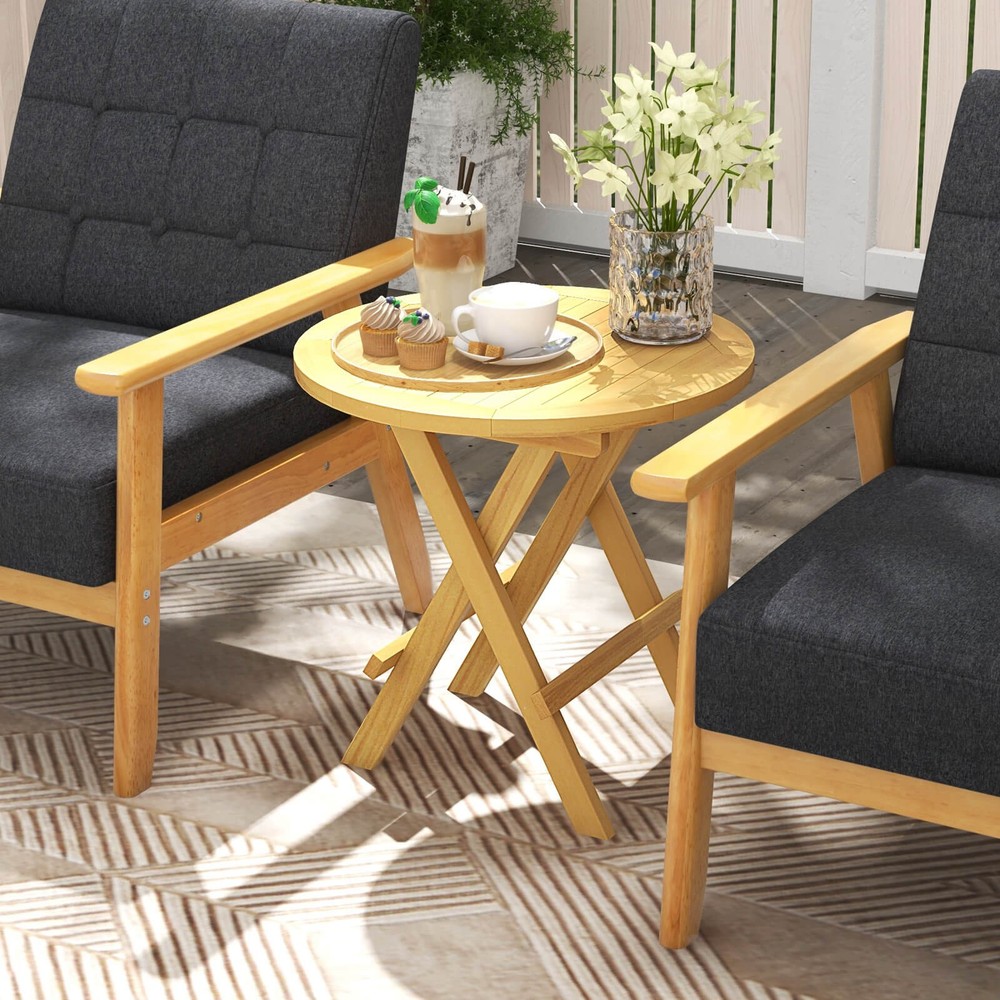 Patio Folding Side Table w/ X-shaped Legs & Slatted Tabletop for Backyard