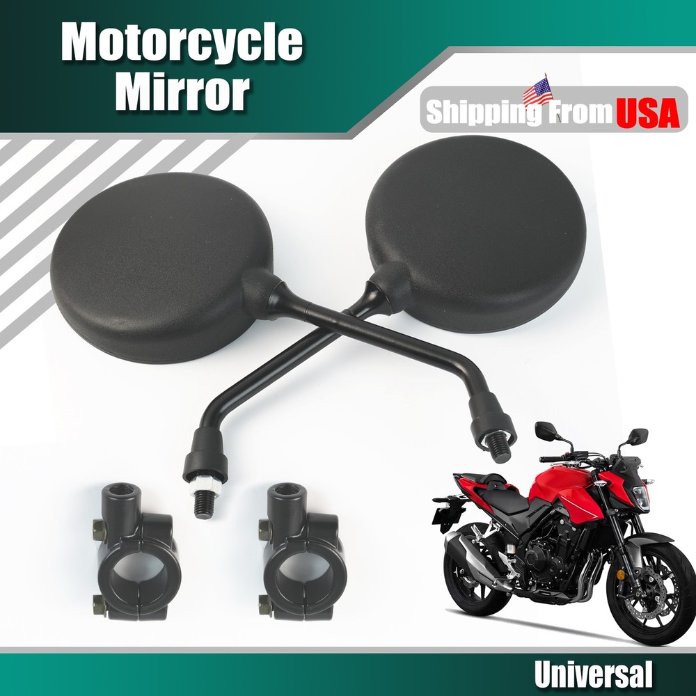 Pair Universal Round Long Stem Motorcycle Mirrors 10mm Black Left + Right
