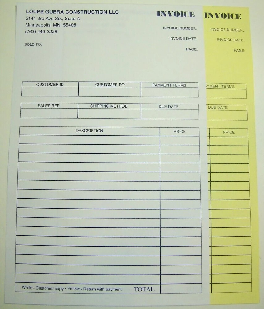 Forms Business 2-Part Carbonless 100 sets 8.5x11 Custom receipt proposal NCR