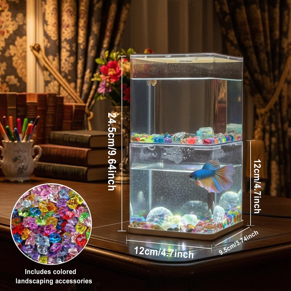 2 Pack 0.3 Gallon Mini Betta Fish Tank With Adjustable Base Light White