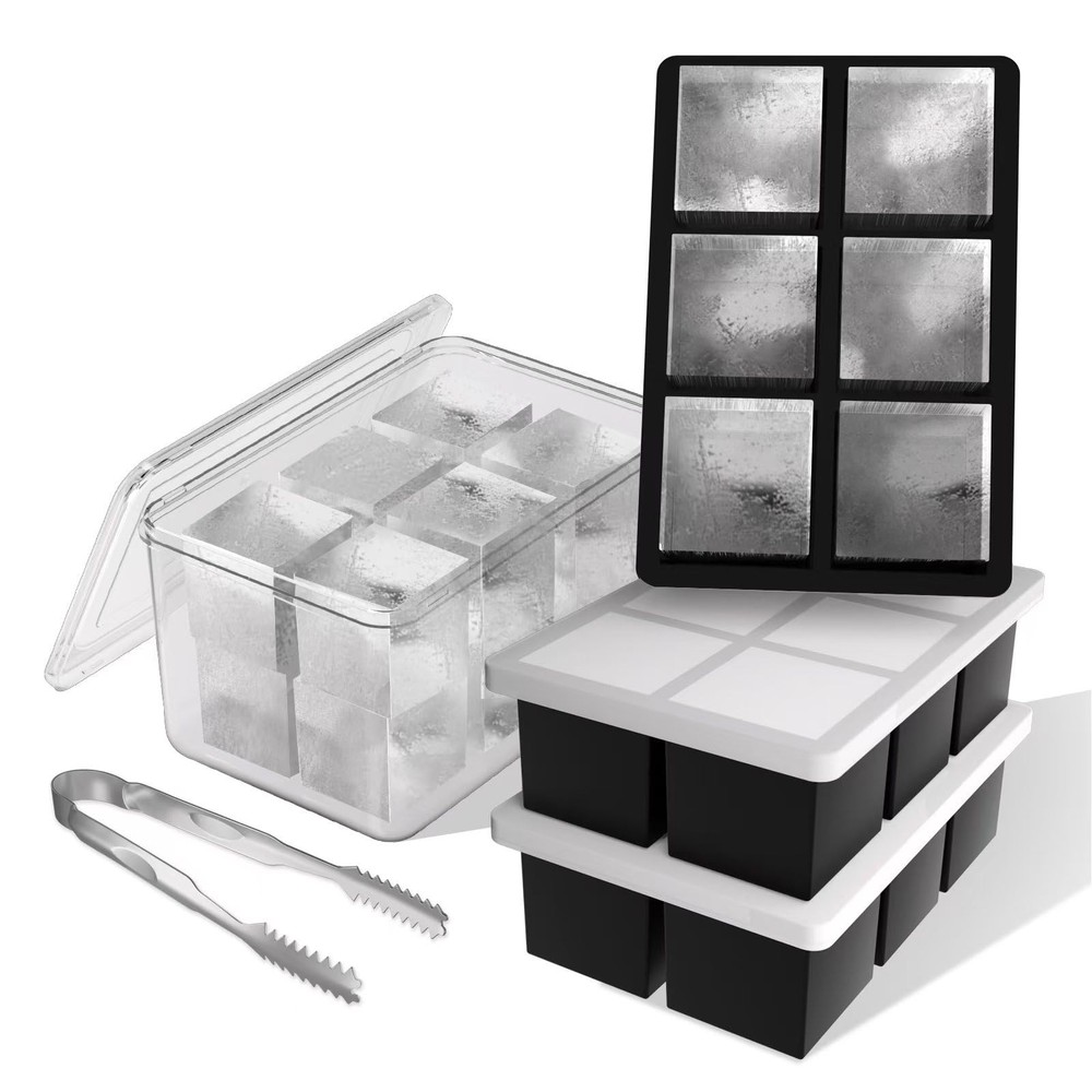 Samuelworld Large Ice Cube Tray with Lid and 6 Cube*3(With Bin), Black
