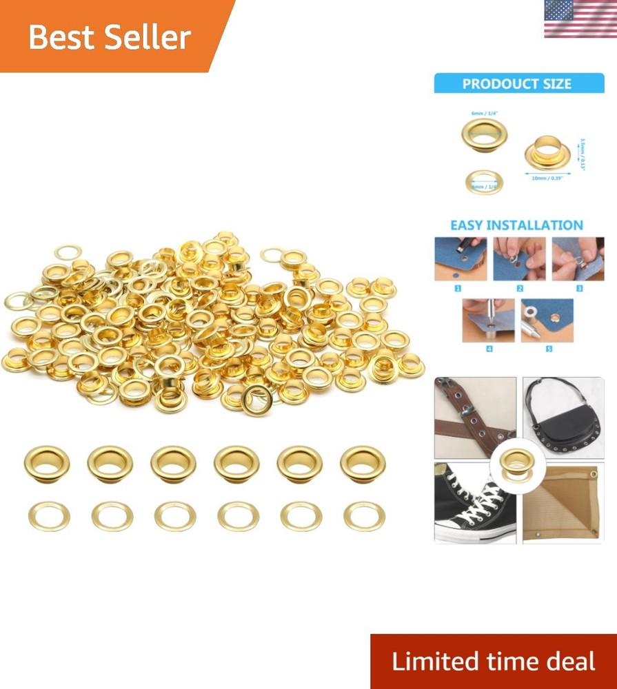 100 Sets Gold Eyelets Grommets for Canvas & Leather - 1/4" Durable Kit