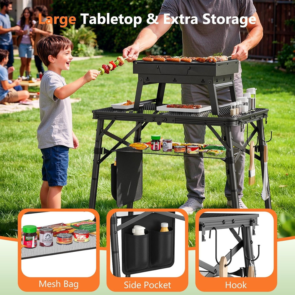 Folding Grill Table for Outside, 3 Height Adjustable Small Camping Table with Me