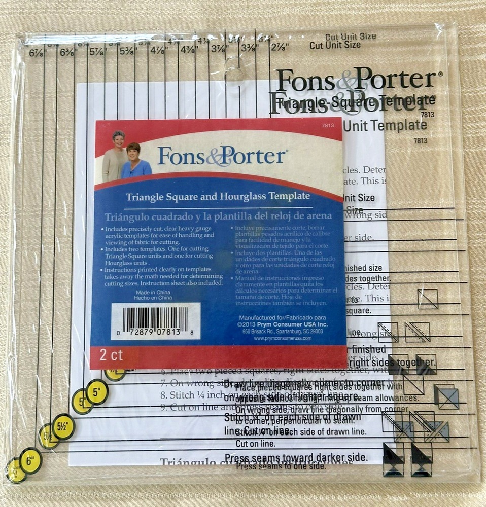 Fons & Porter 2 Piece Triangle, Square and Hourglass Quilting Template Ruler