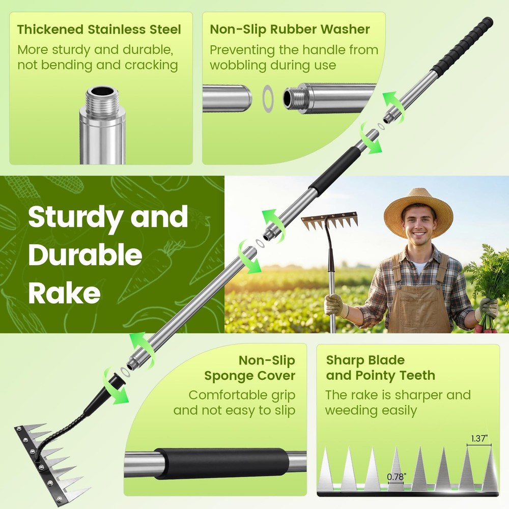Iron Weeding Rake with Long Handle Upgraded 8 Teeth Weed Puller Tool, Heavy ...