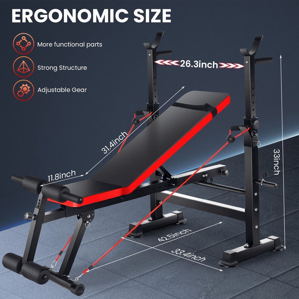 ⭐600lbs Adjustable Foldable Weight Bench Set w/Removable Foot Catch, Squat Rack⭐