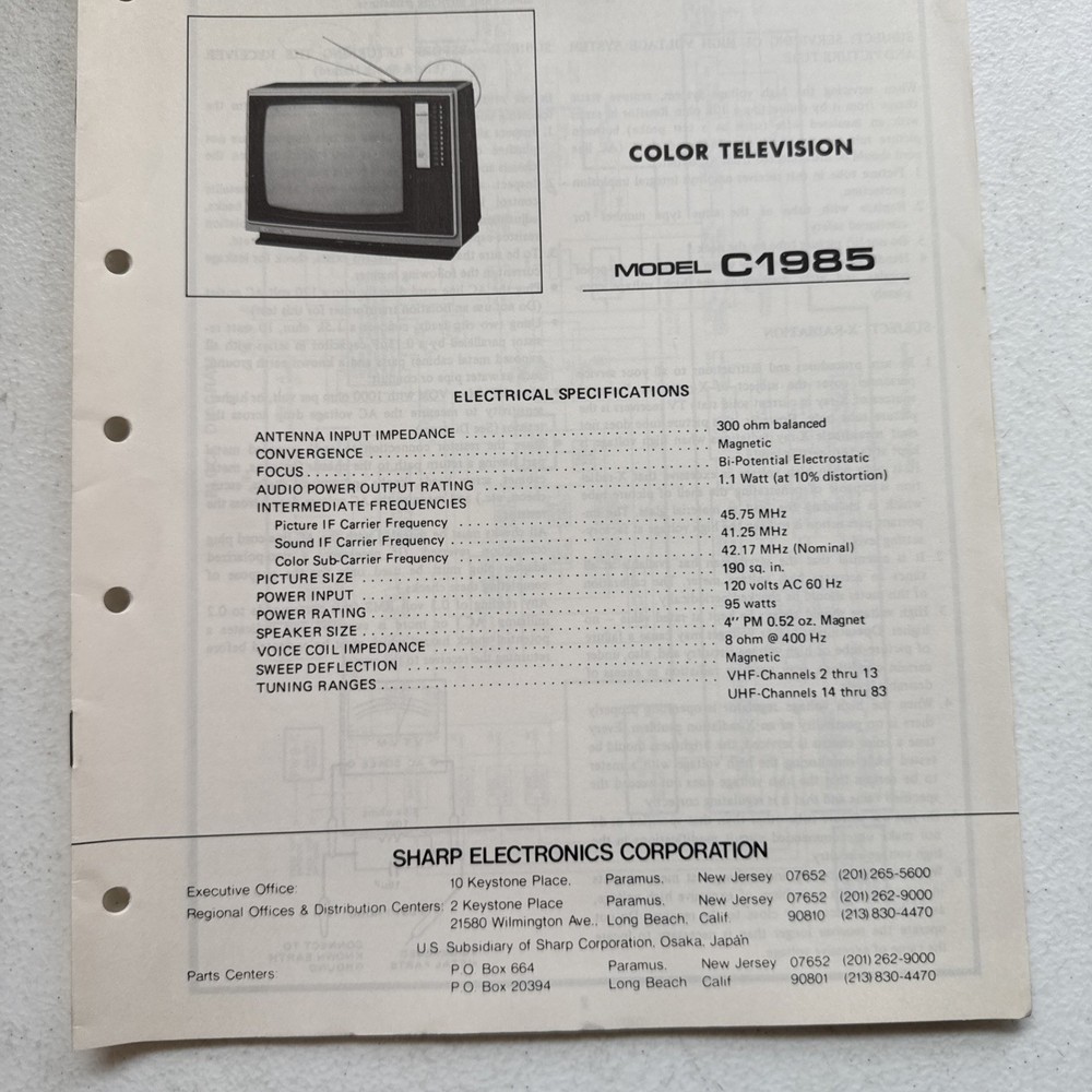 Sharp Electronics Color Television Model C1985 Preliminary Service Information