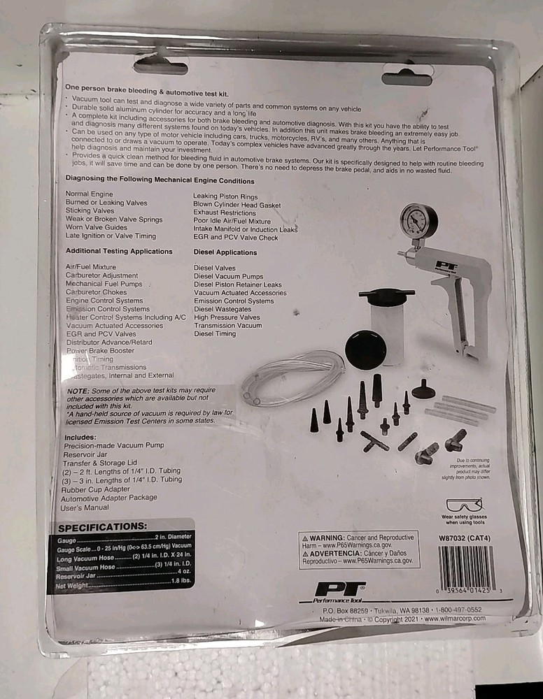 PERFORMANCE TOOL W87032 AUTO DIAGNOSTIC VACUUM PUMP & BLEEDER KIT