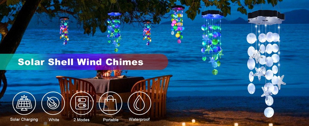 Solar Wind Chimes for Outside - Waterproof Decorative Mobile Shells Light