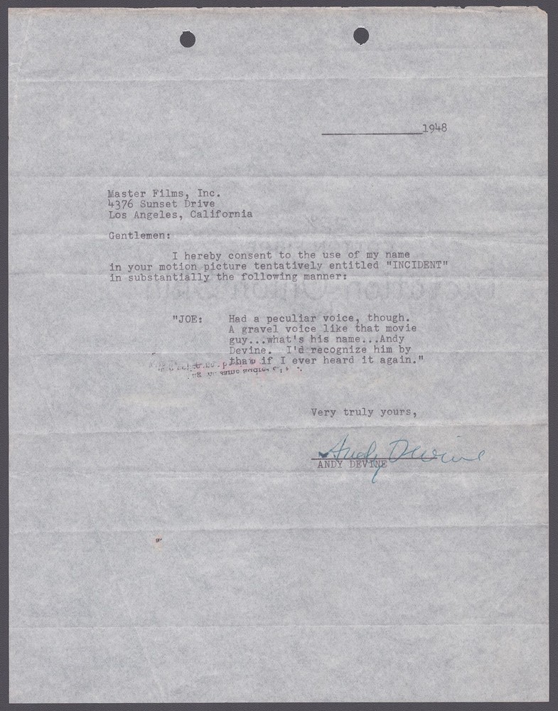 ANDY DEVINE - DOCUMENT SIGNED 1948