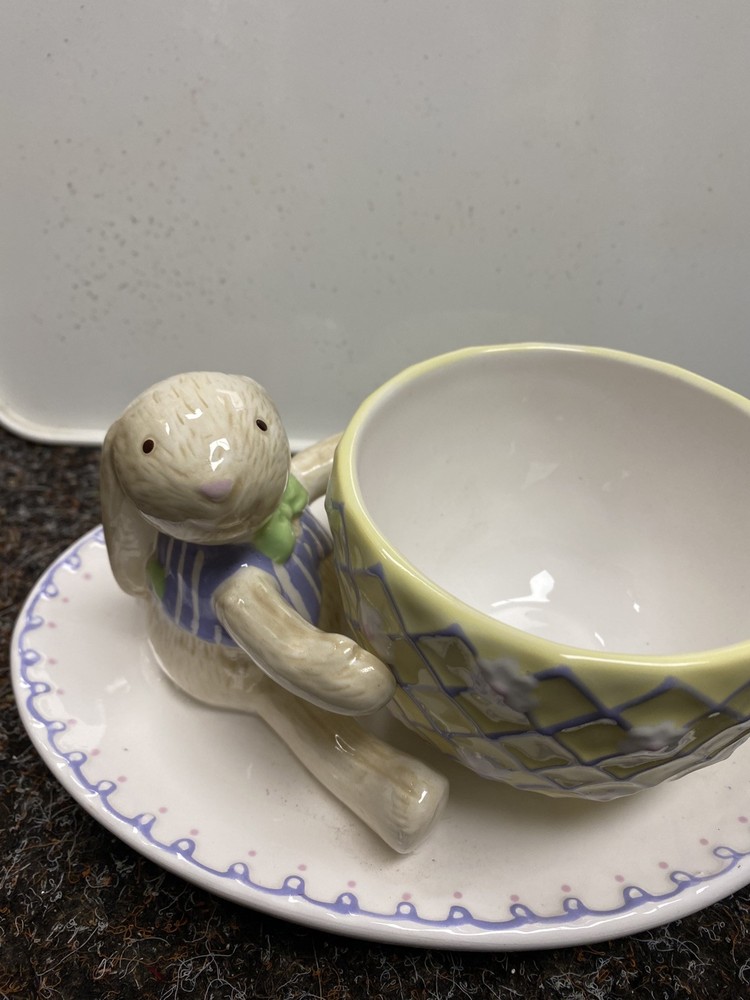 Hallmark Vintage Ceramic Easter-Spring Rabbit Bunny Holding a Cup & Saucer Set