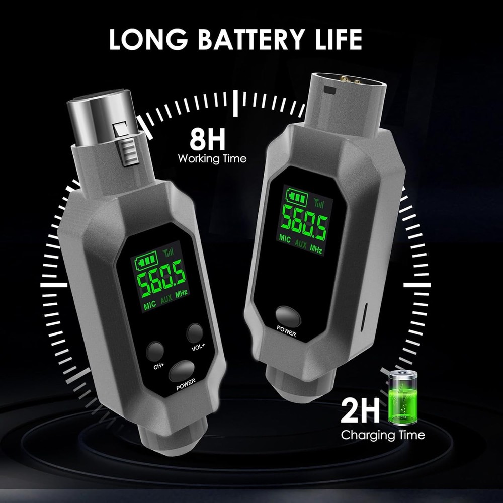 Wireless XLR Transmitter & Receiver: UHF Wireless Microphone System for 8-Hours