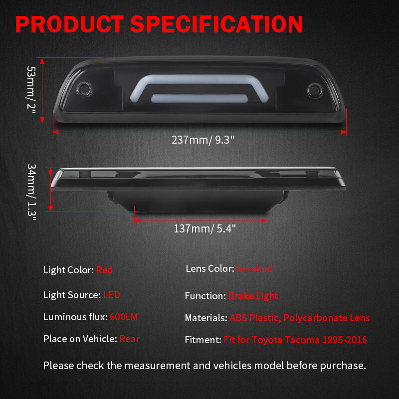 LED Third 3RD Brake Light Smoked Rear Stop Tail Lamp For 1995-2016 Toyota Tacoma
