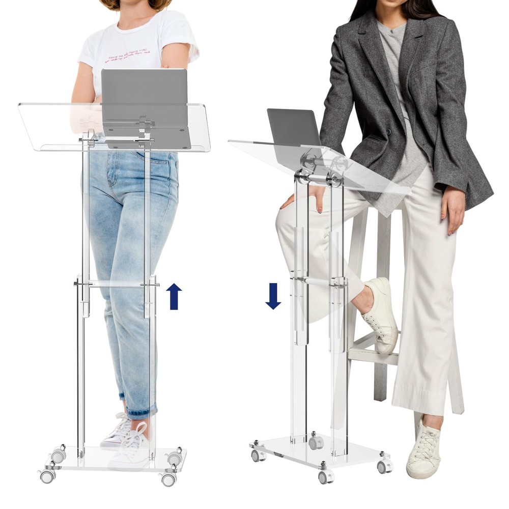 Acrylic Podium Stand with Lockable Wheels, Angle & Height Adjustable, Clear R...