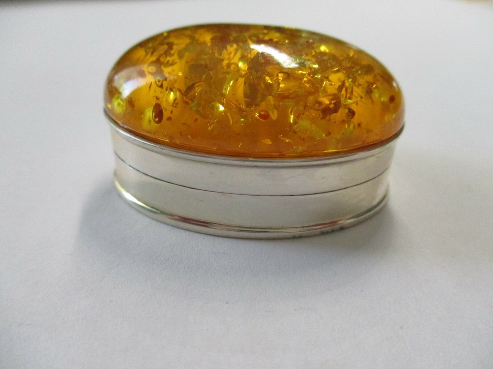 Sterling silver pill box yellow Umber Resin on top solid 925 silver oval shape