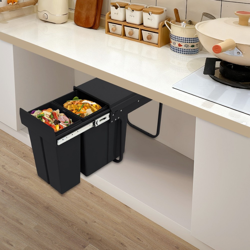 Pull Out Under Cabinet Double Trash Can 10L + 20L Garbage Can Kitchen Waste Bin