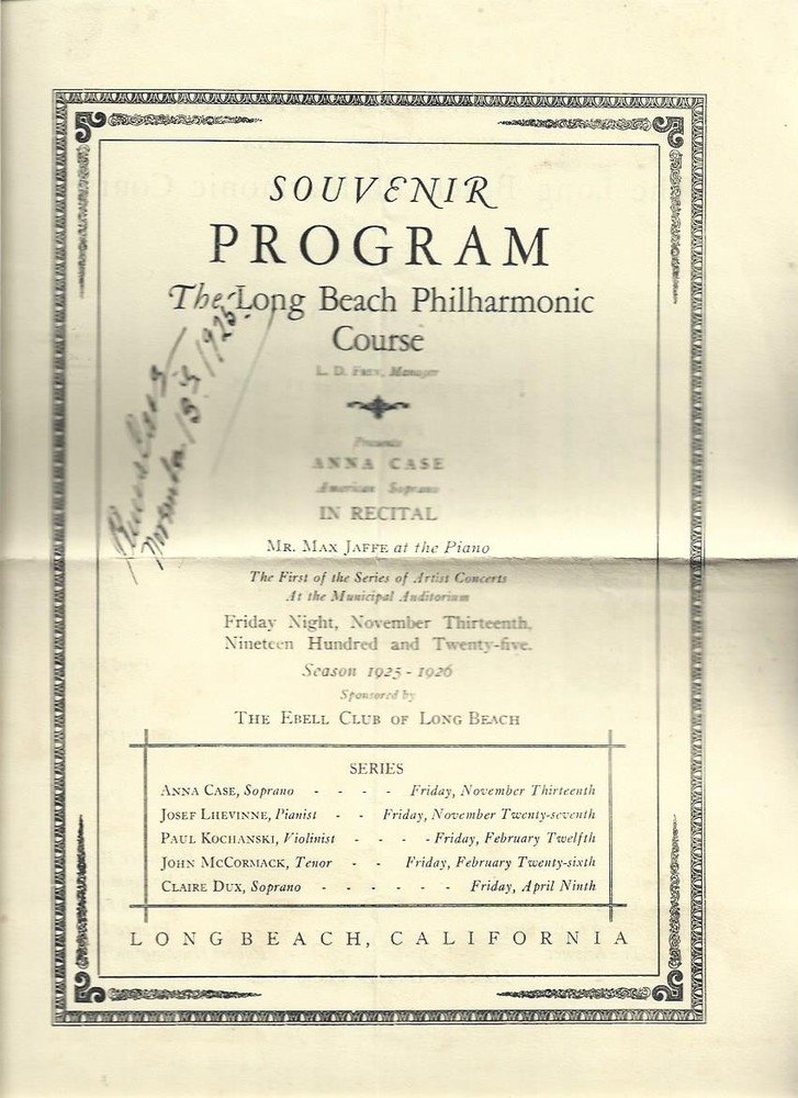1926 Hand Signed program by Anna Case American Soprano
