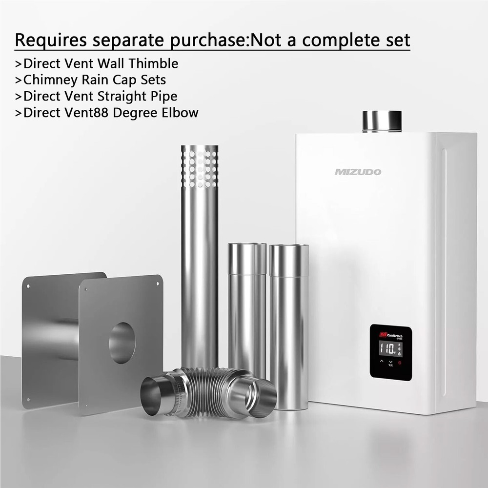 MIZUDO Tankless Water Heater Indoor 80,000 BTU 3.6 GPM & Vent Set/Wall Thimble
