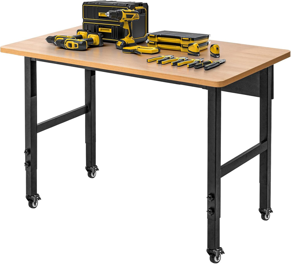 48" Adjustable Workbench with Wheels, Rolling Work Table for Garage, 2000 LBS Ca