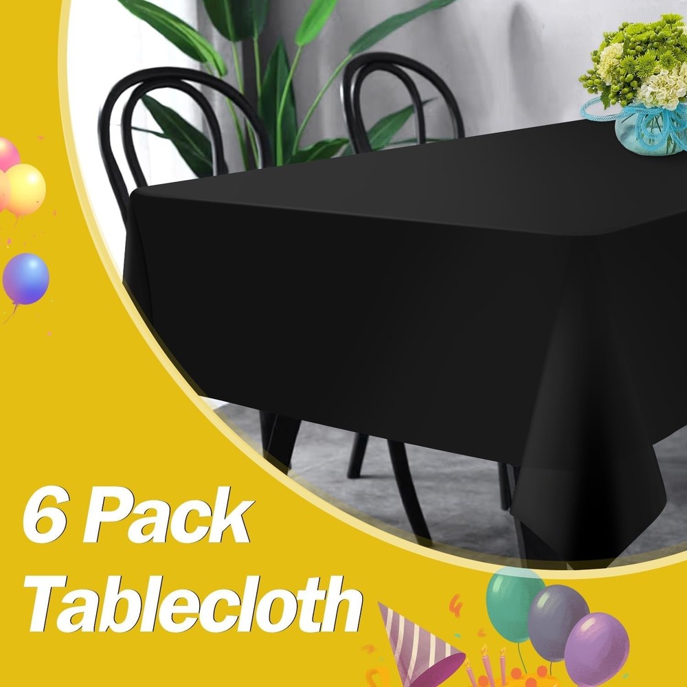 Black 6 Pack Plastic Table Cloth 54" X 108" Disposable Tablecloths Rectangle