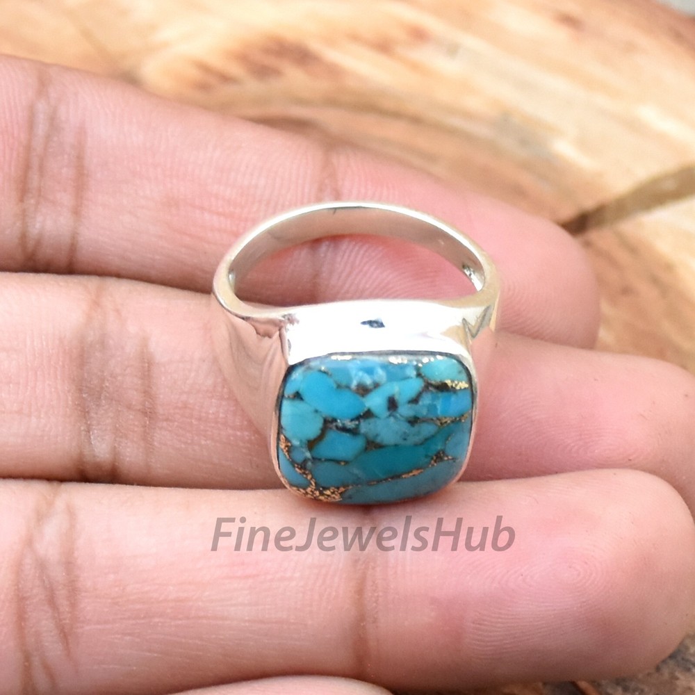 Copper Turquoise Ring, 925 Sterling Silver Ring, Handmade Men's Ring Boho Ring
