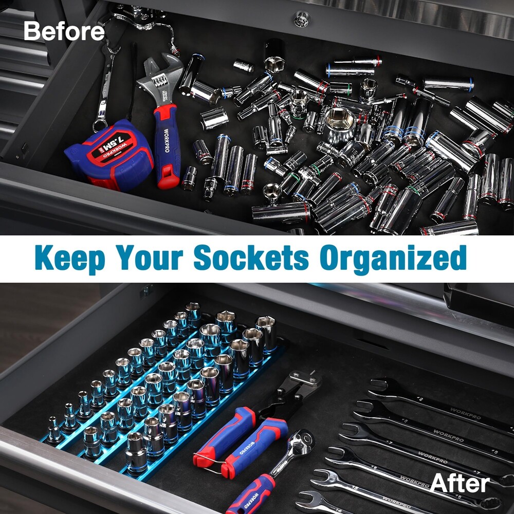 WORKPRO Magnetic Socket Organizer 3/8-Inch Dr Aluminum Alloy Socket Rail Holders