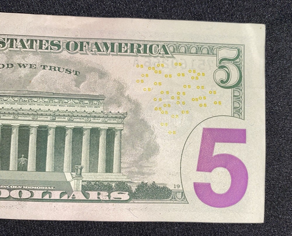 2017A $5 Bill Ink Error SeeThrough Reverse Of Note on serial number