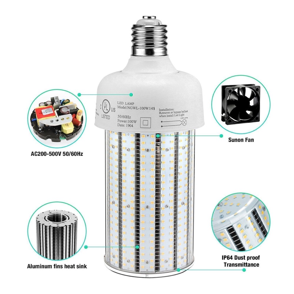 2-Pack 100Watt LED Corn Light AC480V E39 Base For Garage Factory Workshop Bulb