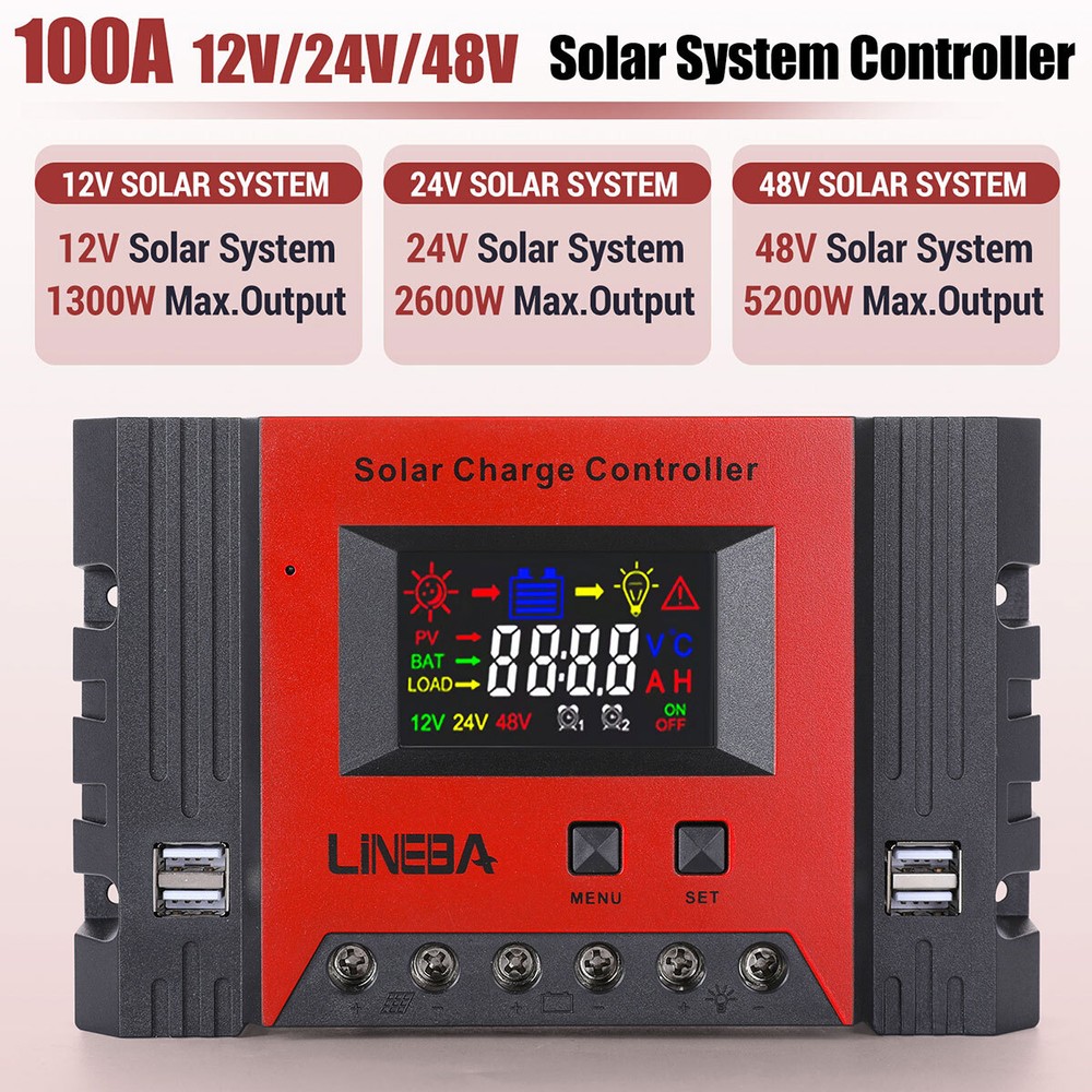 100A Solar Panel Battery Charge Controller 12V/24V/48V LCD Regulator Auto 4 USB