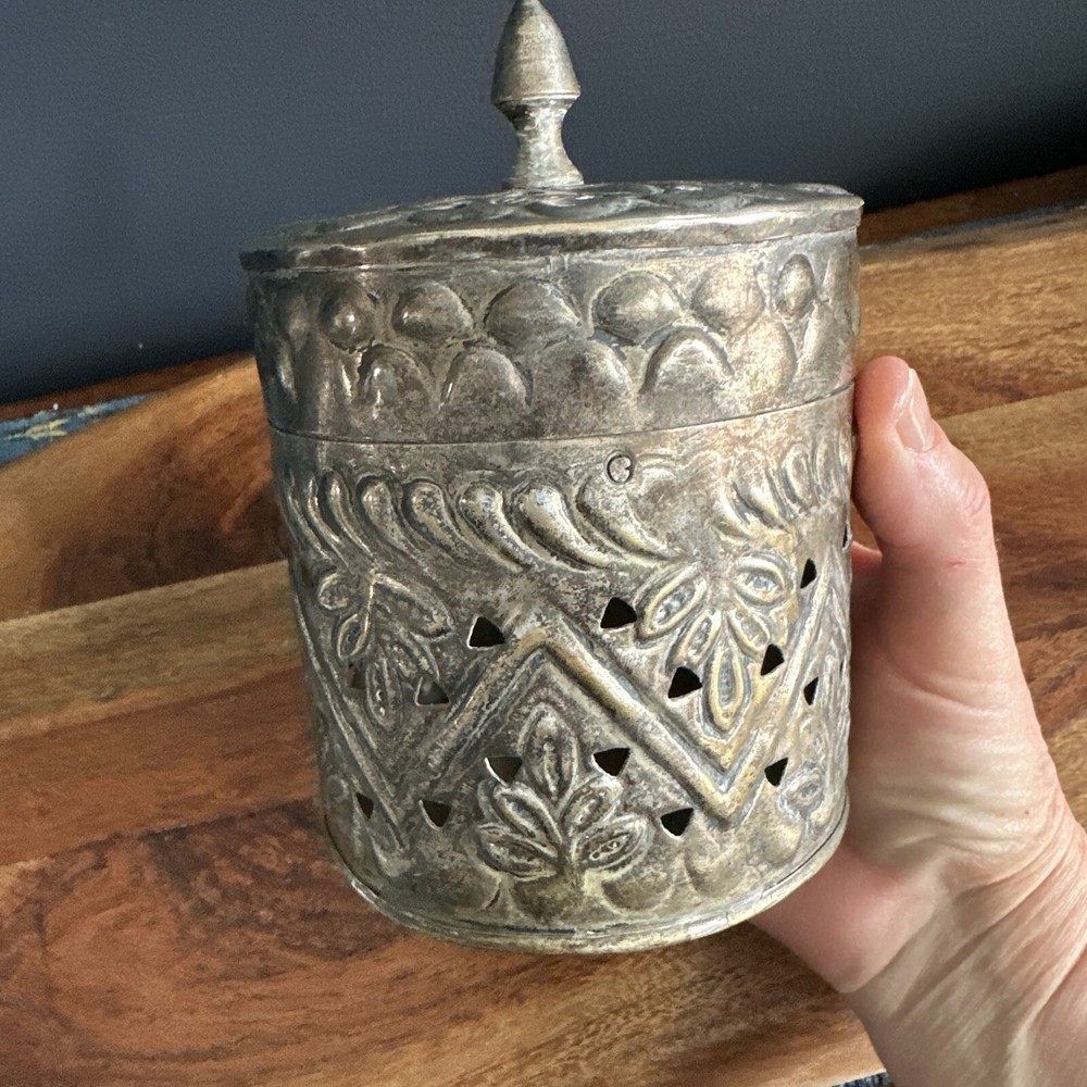 Pierced Brass/Silver Box with Hinged Lid - Middle Eastern Good Solid Old Nice!