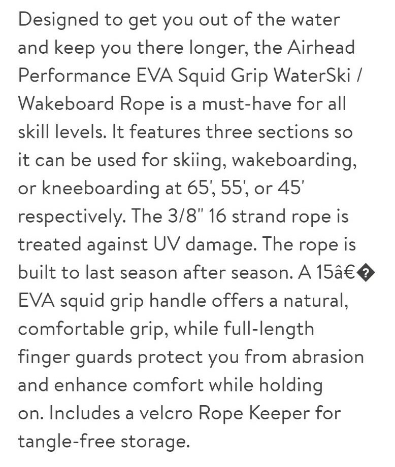 Airhead 3 Section Advanced Performance Wakeboard/Waterski Rope 65' w/ 15" Handle