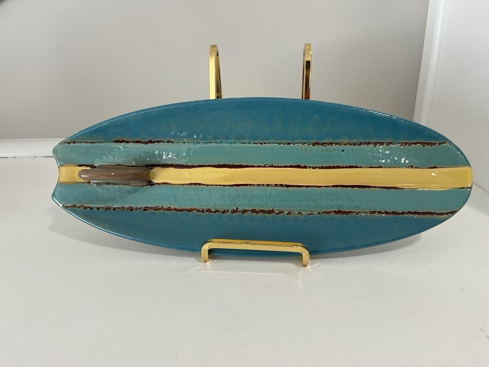 Studio Pottery Dish Teal Abstract Surfboard Shape Ceramic Art Tray 12”x4.5”