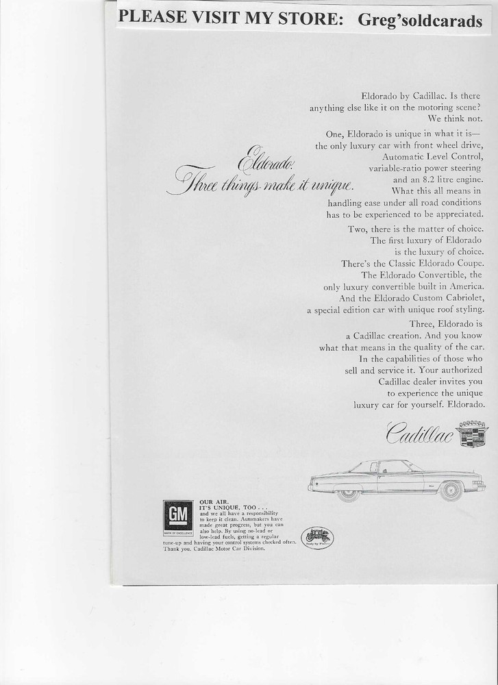 Original 1973 Cadillac Eldorado print ad: "Eldorado! Three things make it unique