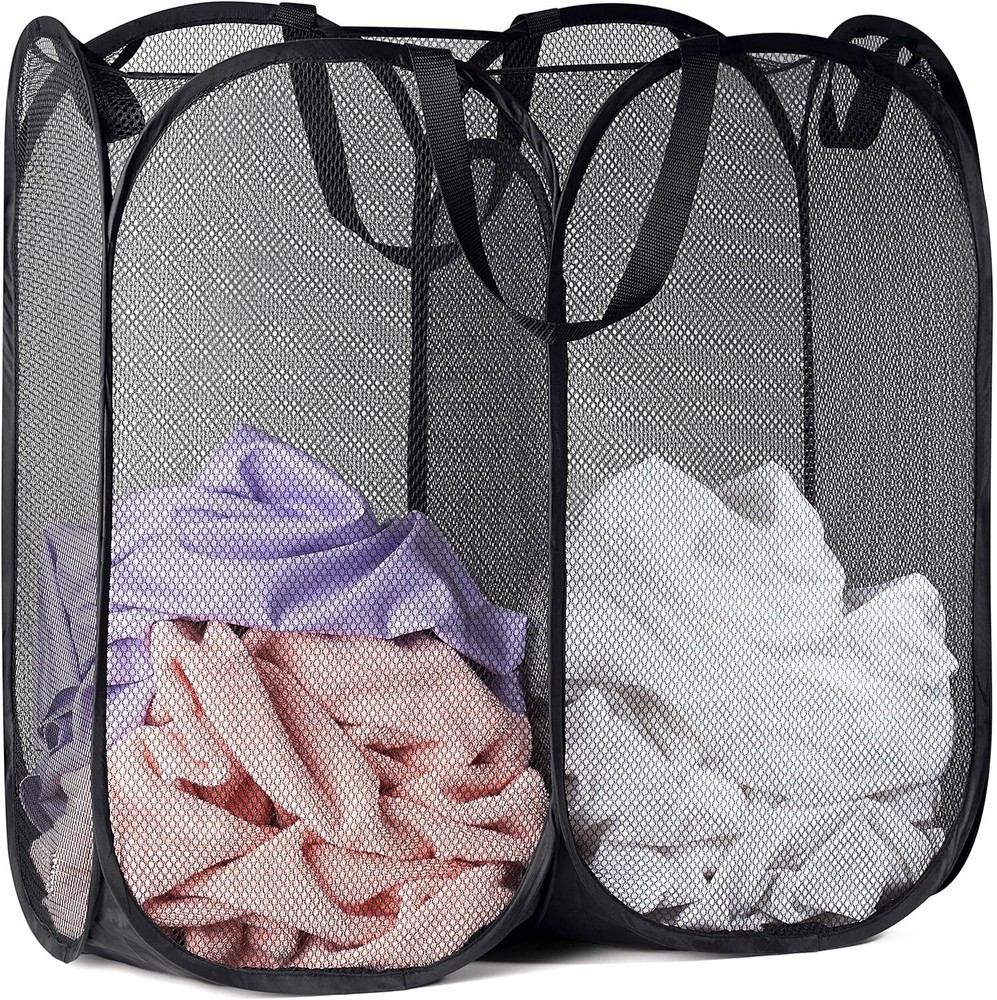 Mesh Popup Laundry Hamper - Two Compartments, Collapsible for Storage and Easy