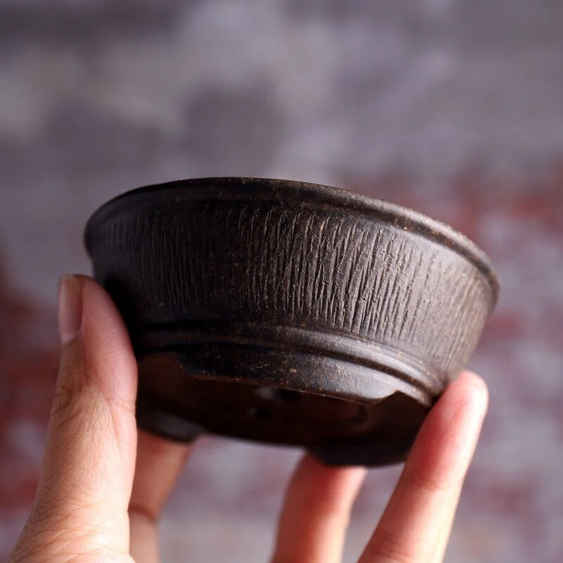 Chinese Ceramic Circle Bowl Bonsai Pot Hand Carved Vertical Stripes Pattern