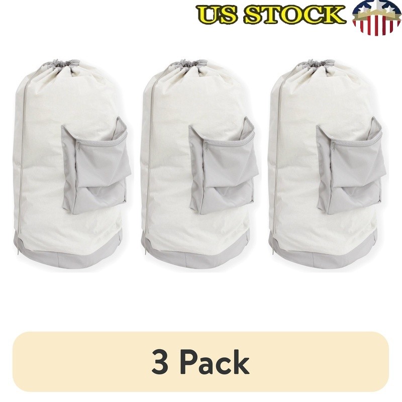 Durable Canvas Laundry Bag W/ Zippered Pocket Drawstring Closure & Carry Strap