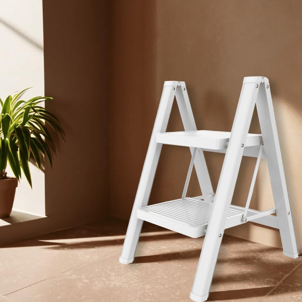 2 Step Folding Ladder Aluminum | White Standing Ladders Foldable - Two Step L...
