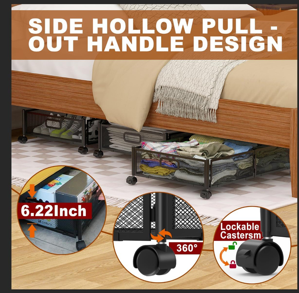 Foldable Under Bed Storage Containers with Wheels & Handles - 4 Pack (Black)