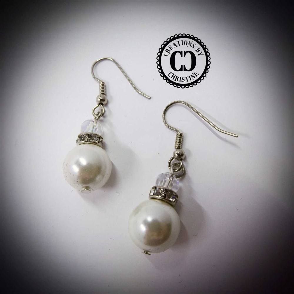 White Pearl Drop Earrings Hand Made New